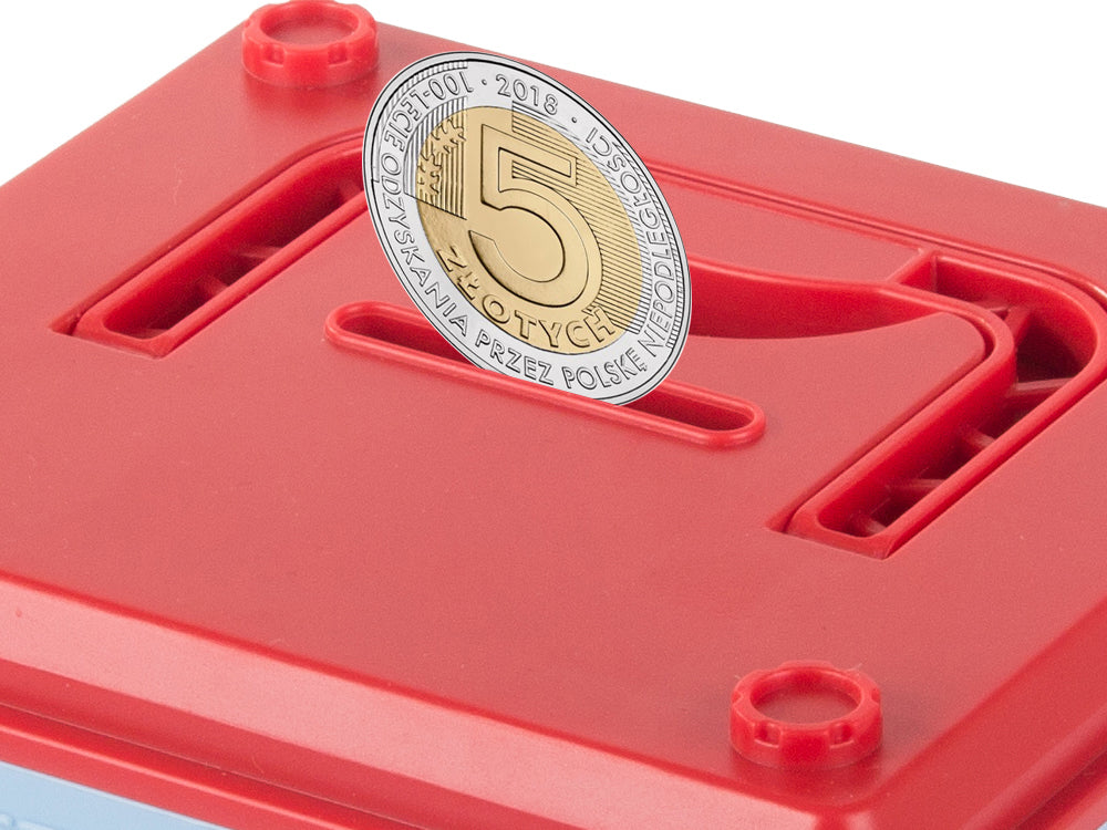 Pusculita tip seif, Zola®, deschidere cu pin, sunete si lumina, plastic, 18 x 10 x 12 cm, albastru Pusculita tip seif, Zola®, deschidere cu pin, sunete si lumina, plastic, 18 x 10 x 12 cm, albastru